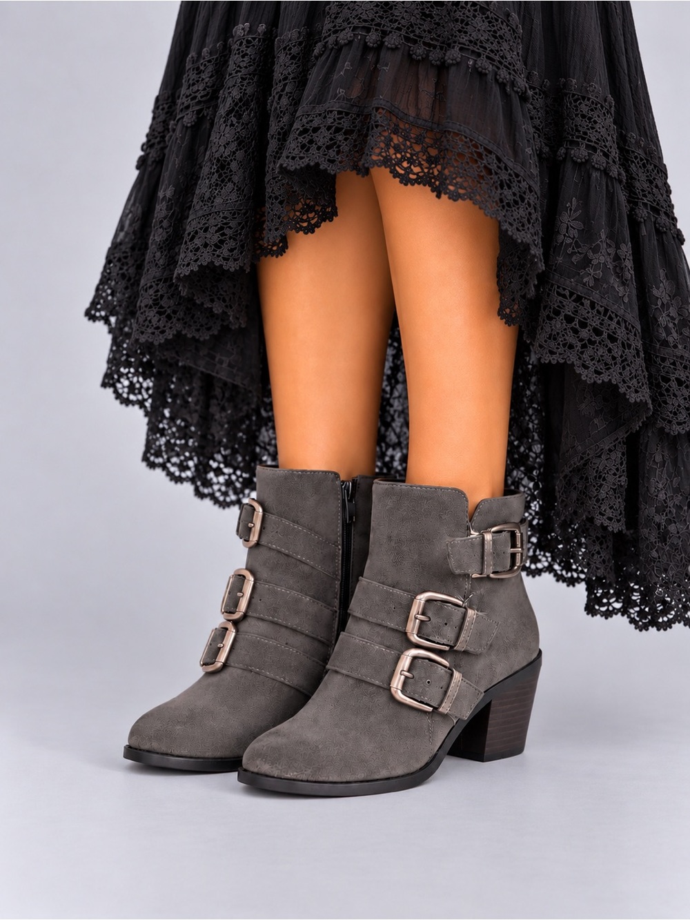 Ladies Crown Vintage Gray Suede Triple-Buckle Ankle Boots